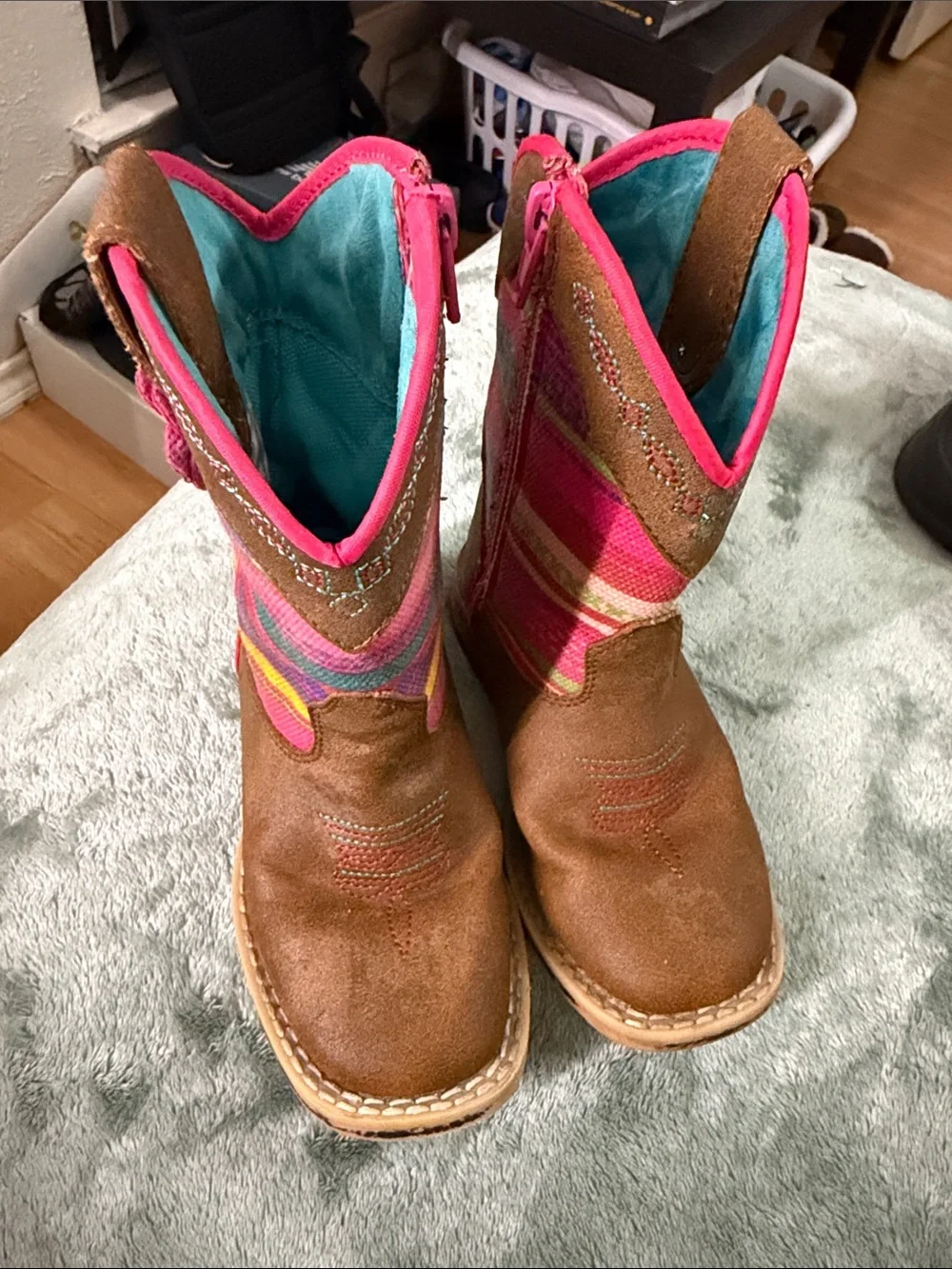 Twister Brown Suede Kids Western Boots with Pink Multi-Stripe Shaft